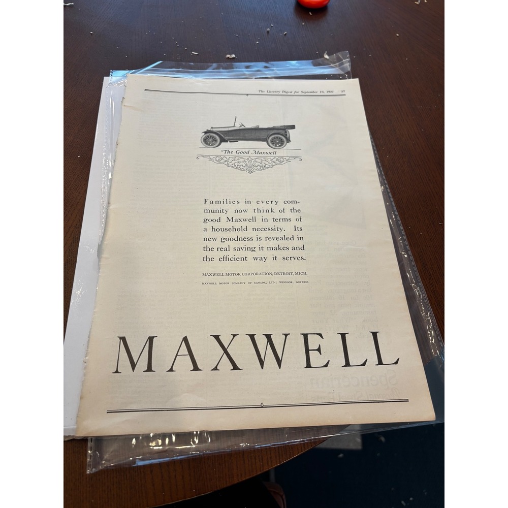 Maxwell Automobile Print Ad 1921 Black White Vintage Spencerian Pen Art Ephemera